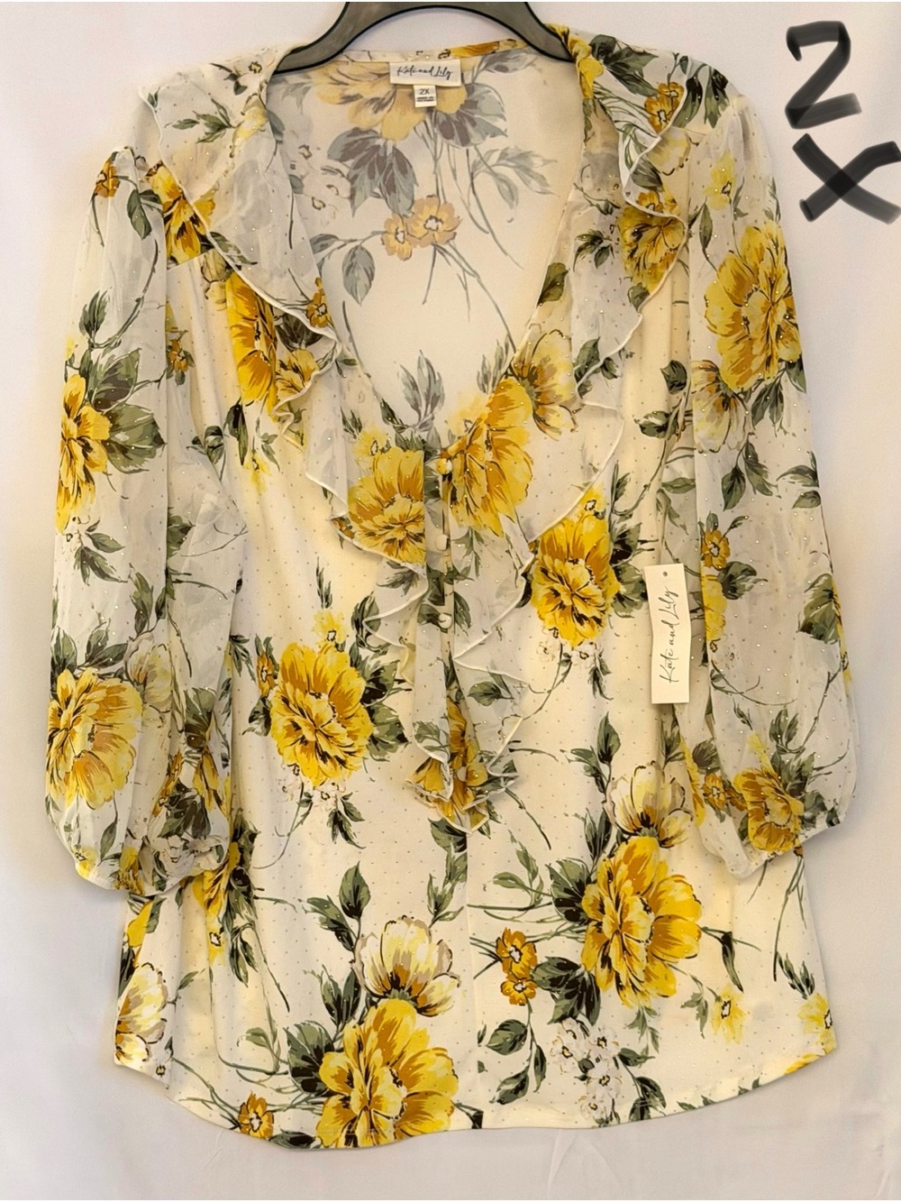 Kate and Lily Yellow Floral Ruffle V-Neck Blouse
